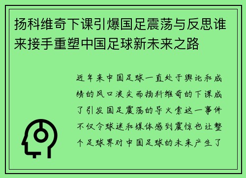 扬科维奇下课引爆国足震荡与反思谁来接手重塑中国足球新未来之路