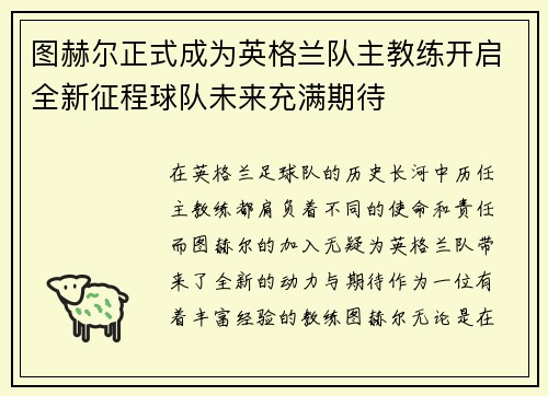 图赫尔正式成为英格兰队主教练开启全新征程球队未来充满期待